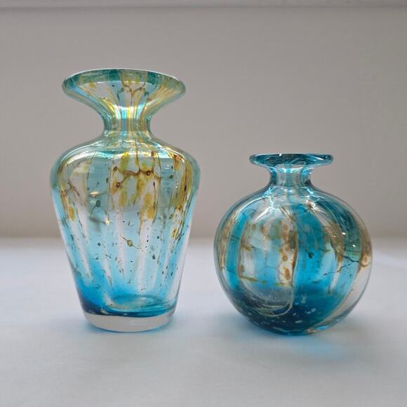 Mdina Two Mini Glass Vases Maltese Art Crystal Blue Stripe Crizzle 1970's MCM - Picture 6 of 16